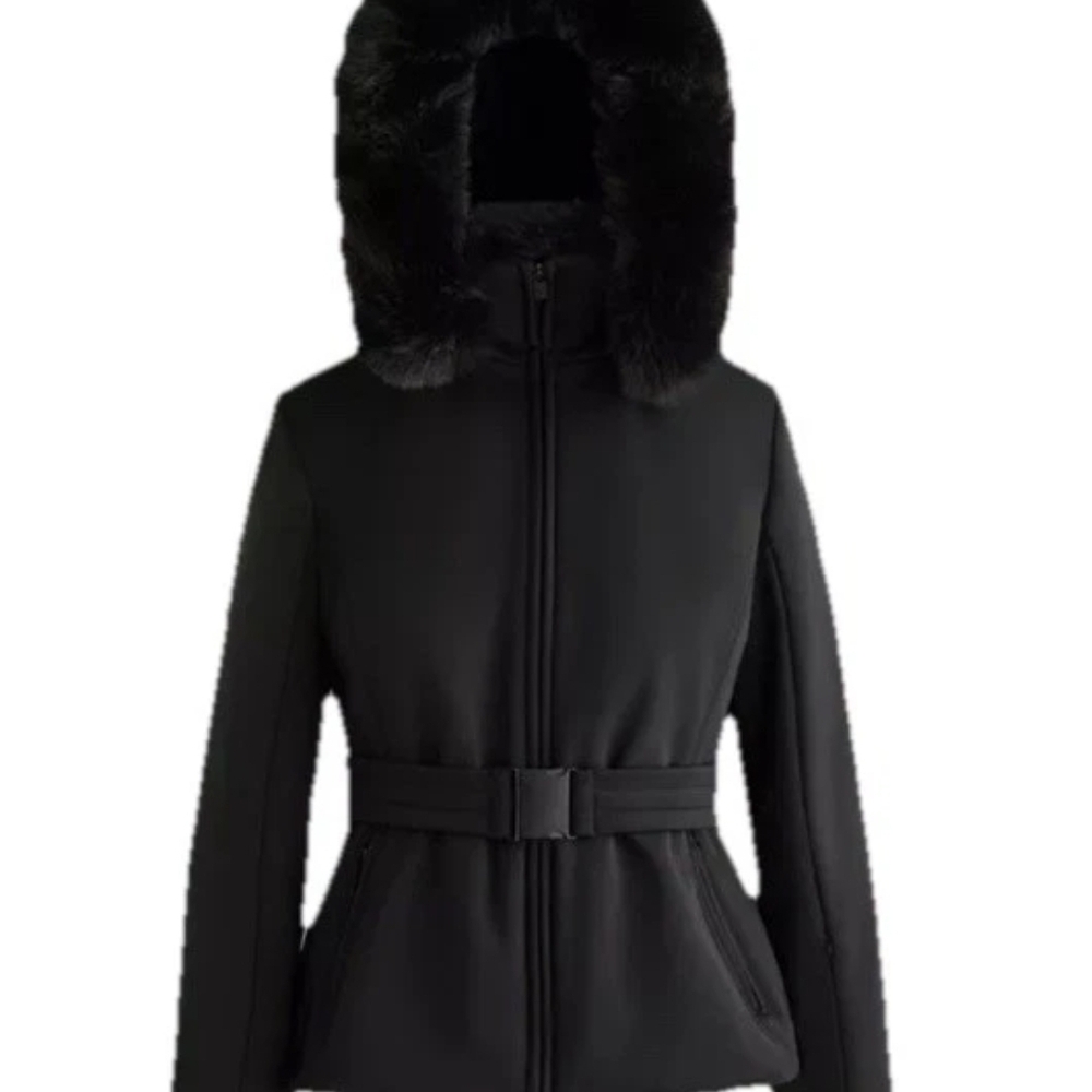 Oysho Womens Ski Coat Jacket Small Black Hooded Belted NWT